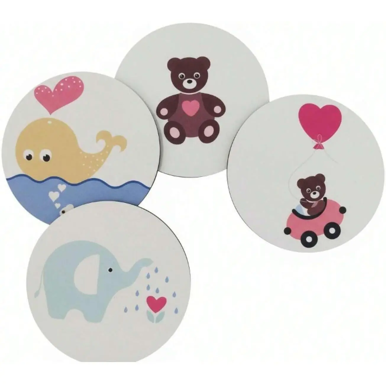 4- Cute  & Heart Drink Coasters, 4 Inch Round Heat-Resistant Water-Absorbent Coaster Set with Whale Elephant  Turtle Patterns, Decorative Table Mats for Coffee Table  Party (4 Pack)
