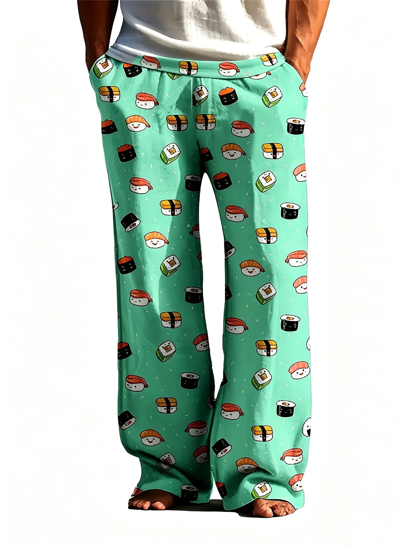 Unisex Cute Cartoon Smiling Sushi All Over Print Elastic Waist Pants Mint Green Loungewear Home Sleep Casual Daily Bottoms