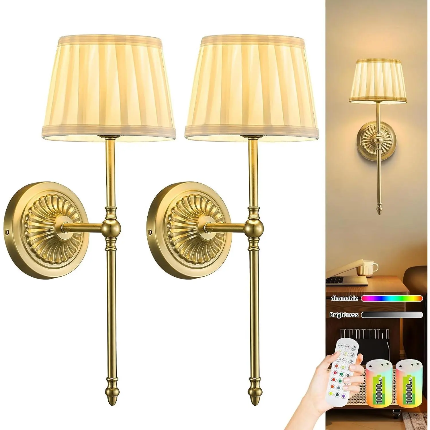 Cordless Wall Mount Sconces Set of 2 - 10000mAh Wireless Battery-Operated RGB Remote Dimmable Light with Fabric Lamp Shade, Timer, Gold Finish for Bedroom, Living Room