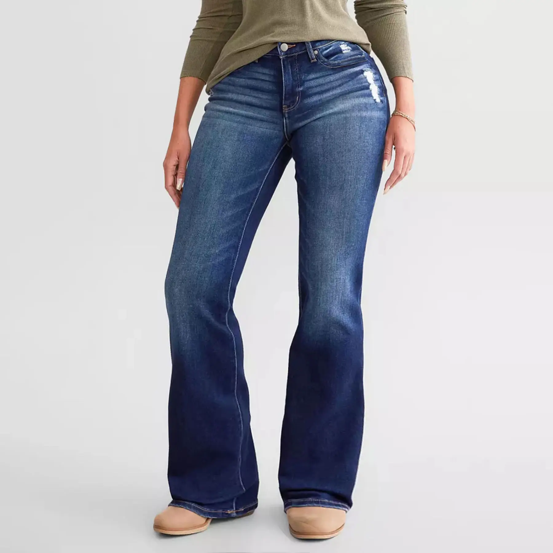 Women's High-Rise Denim Jeans - Dark Blue Wash Stretch, Classic Bootcut, Flared Legs, Casual Wear, Ripped Raw Hem, Vintage Starched Wide Leg, Kibbe Short Torso Fit, Full-Length, Machine Washable
