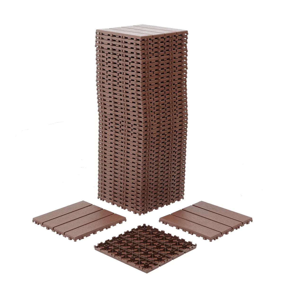 44-Pack 12" x 12" x 0.75" Sturdy Square Polypropylene Waterproof Slip-Proof Click-Parquet Flooring Tiles, Brown Plastic Deck Tiles for Patio, Balcony Decor Use (Perfect Interlocking Design)