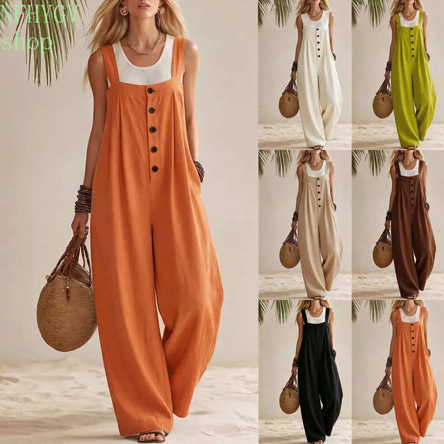 Women’s Linen Cotton Overall Jumpsuit, Sleeveless Square Strap Bib Overalls With Front Buttons, Loose Wide Leg Baggy Long Pants, Casual Relaxed Romper For Summer Beach, Travel, Daily Outdoor And Holiday Outfits