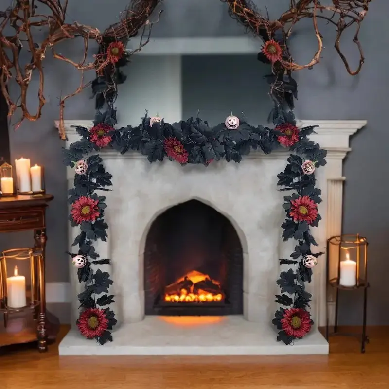Halloween Wreath Fall Decoration Maple Leaf, 6ft Artificial Vine, Maple Ghost Pumpkin, Fireplace Door Hanging, Home Decor