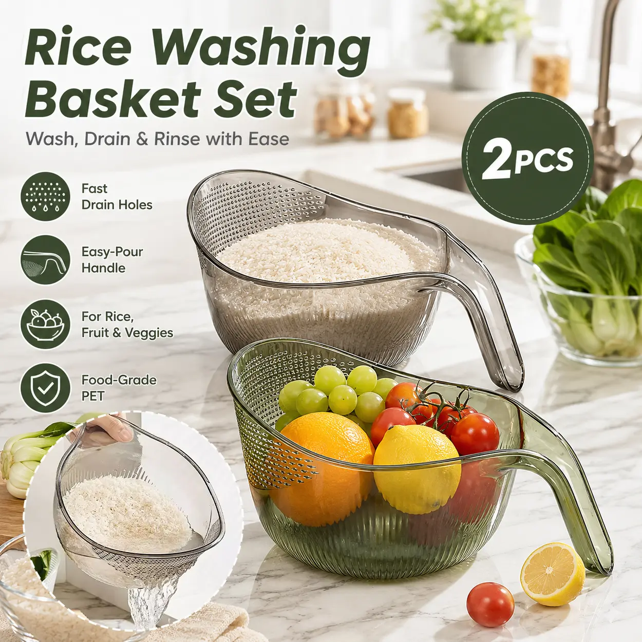 2Pcs 2-in-1 Rice Strainer Washing Bowl Transparent Multi-Purpose Kitchen Drain Basket with Handle, Thickened Rice Washer Beans Washer Colander, Fruit Vegetable Rinse Bowl, Easy Pour Water Scoop for Home Kitchen Meal Prep Cooking