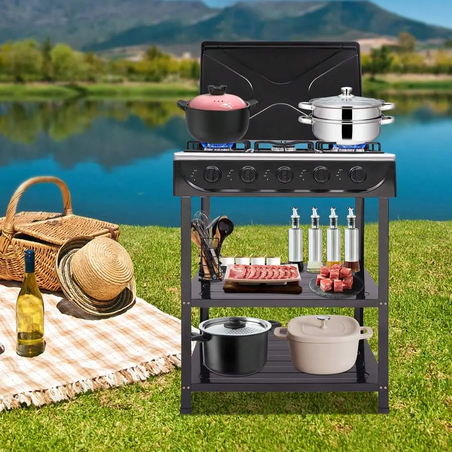 5-Burner Propane Gas Outdoor Cooker - Black Rectangular Enamel Iron Shell Portable Camping Cooktop, 2.5kW High Power Each, Camping Gear Must Haves for RV Travel, Emergency Preparedness