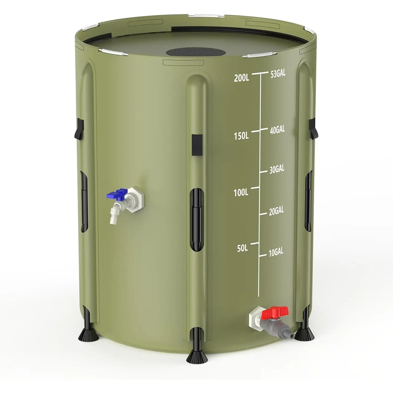 Collapsible Rain Barrel, Hook-and-Loop Top Straps, 53 Gallon, Green | 500D PVC rain barrel with spigot, mesh filter and PTFE tape for garden irrigation, lawn care and emergency water storage