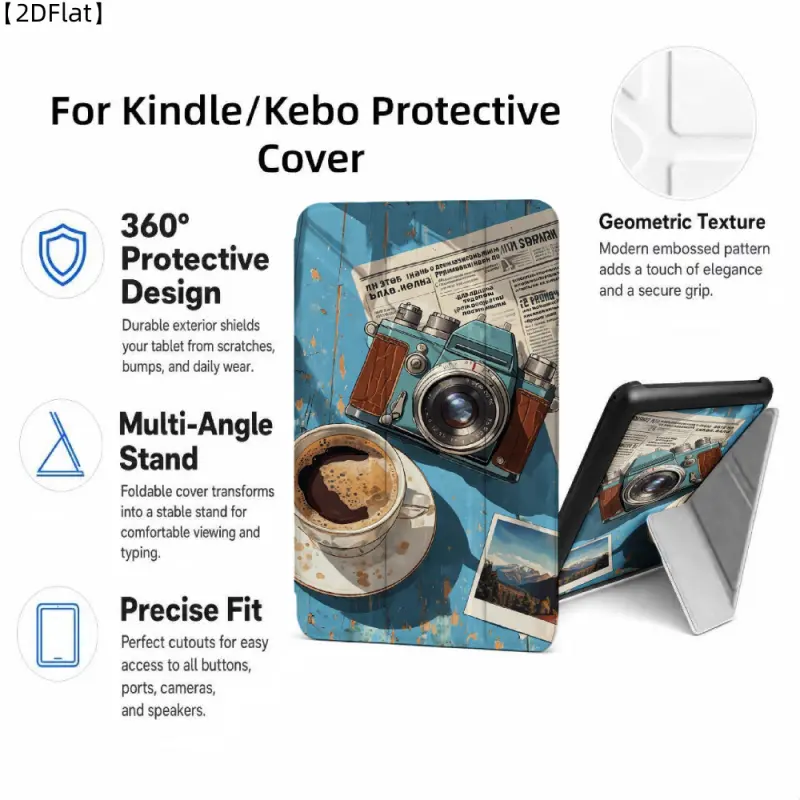 For Kindle/Kobo/Tolino Case, with stand Camera Coffee Newspaper Polaroid Sky for New Kindle 11Th 2019, for Kindle 11th Generation Case for Kindle 11Th (2022/2024), 6-Inch, 7-Inch Kindle Paperwhite 12Th Generation 2024 Vision Color (2024) /Vision 6 (2021）/