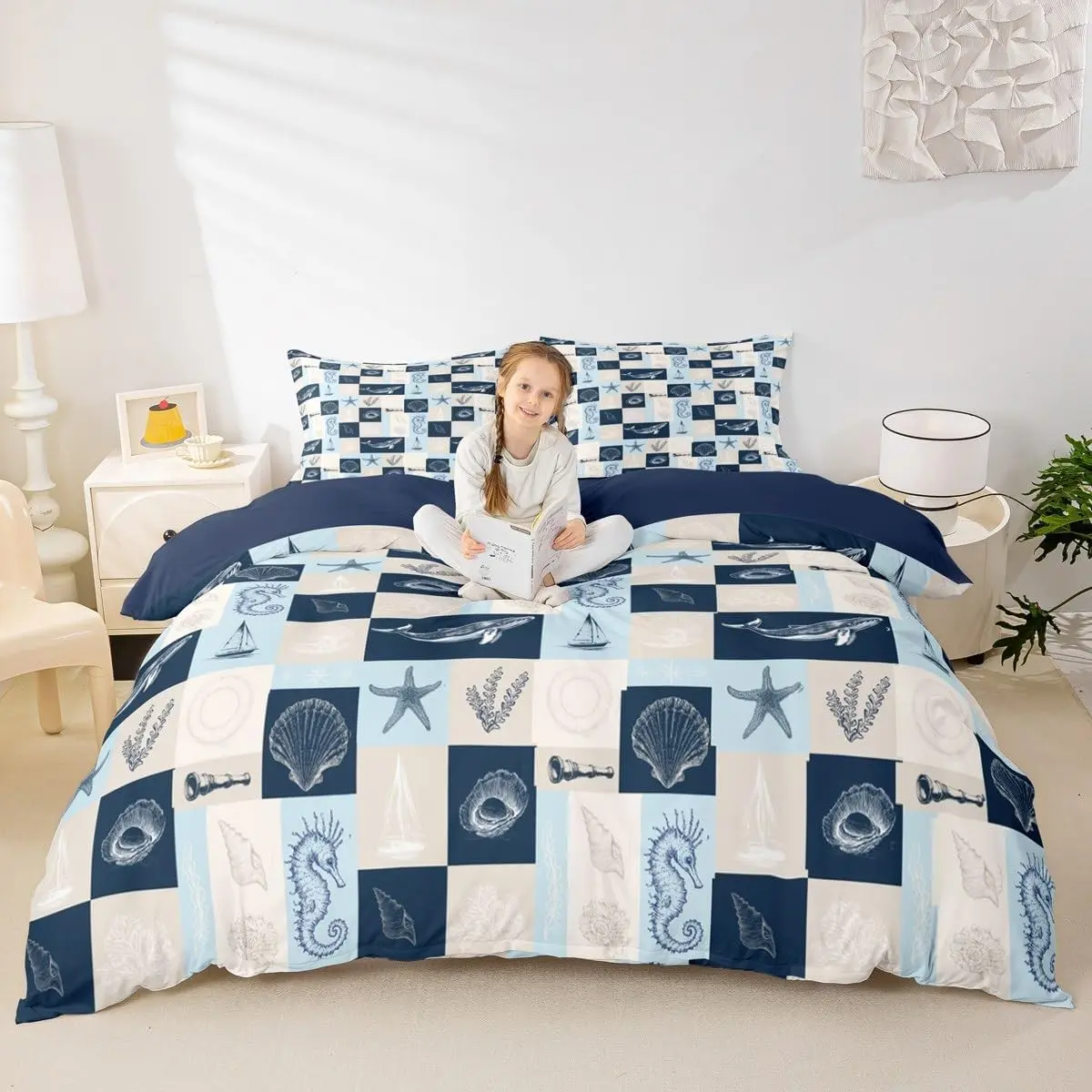 Twin Size 2Pcs Ocean Coastal Theme Duvet Cover Set, Navy Blue Geometric Plaid Patchwork Grid Bedding, Undersea World Whale Conch Seahorse Starfish Coral Comforter Quilt Cover with 1 Pillowcase