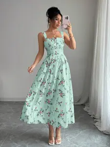 New Summer Autumn Casual French Boho Style Floral Pattern Thin Strap Long Dress, Elegant Women's Fashion Skirt, Perfect for Daily Wear