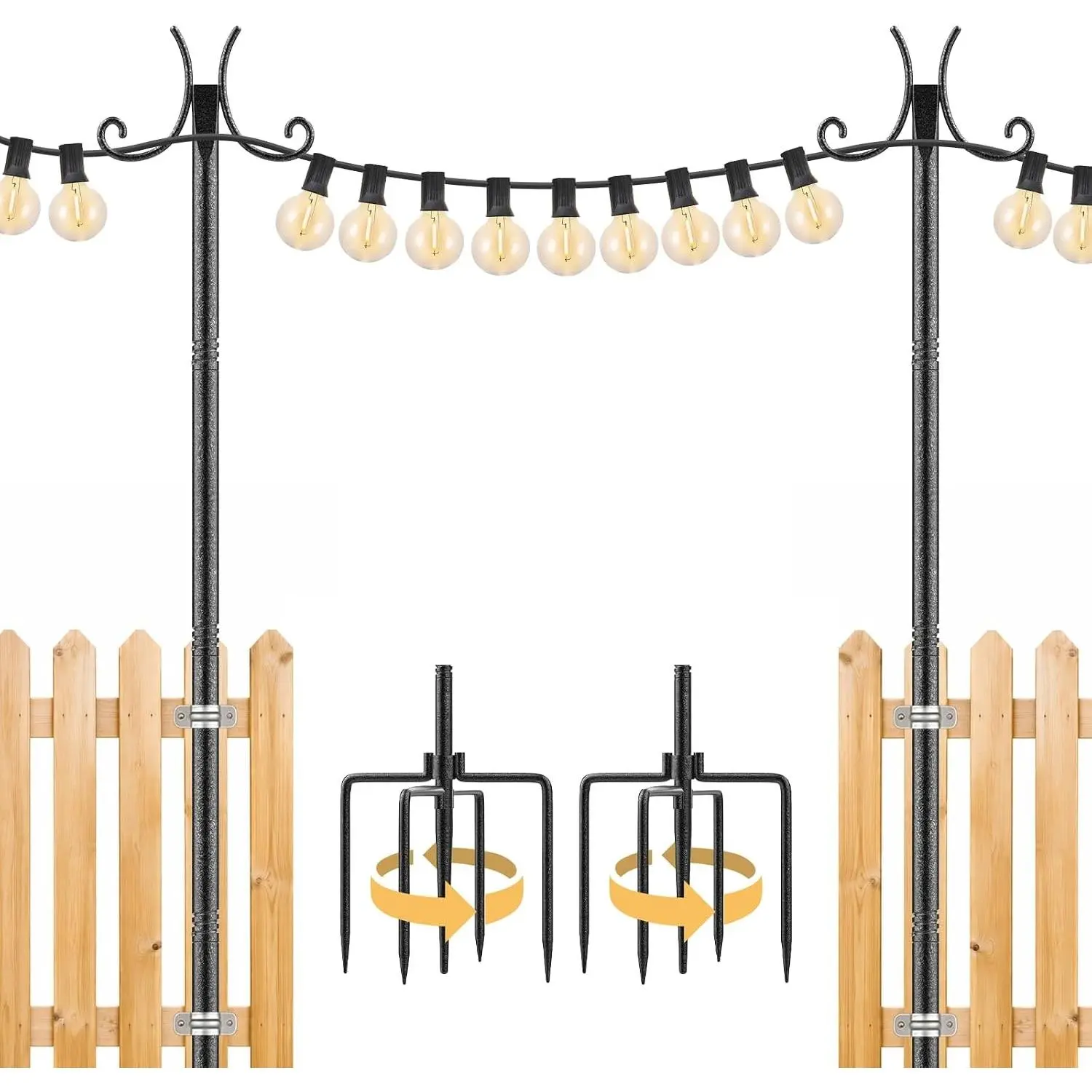 Metal Outdoor String Light Poles (2-Pack, 10FT Heavy Duty) - Adjustable Height Festoon Stand with 4-Prong Ground Stake for Backyard, Wedding