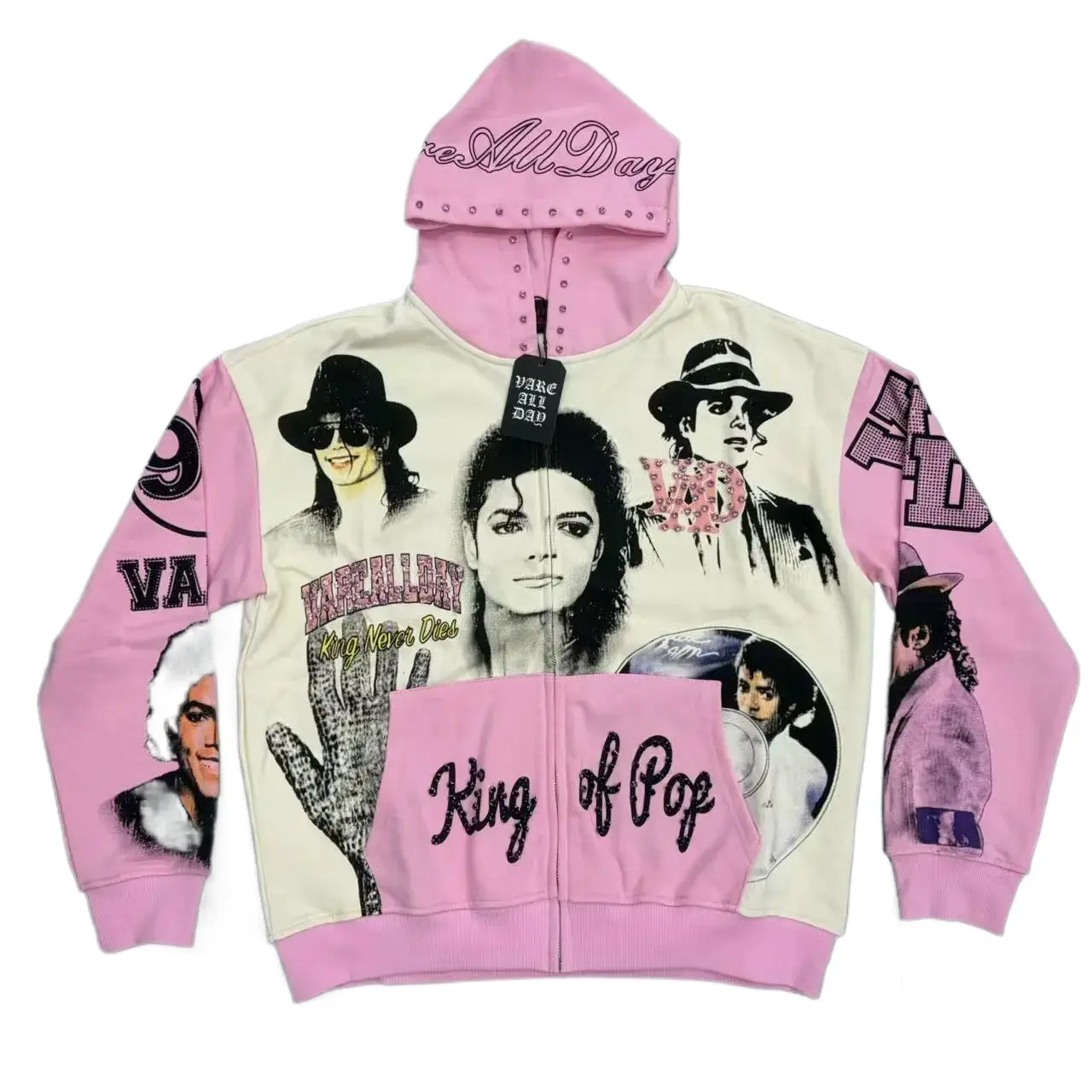 VARE ALL DAY Michael Jackson King of Pop Pink Color Block Zip Up Hoodie, Vintage 90s Rap Portrait Rhinestone Oversized Hooded Jacket, Y2K Hip Hop Unisex Cotton Streetwear Sweatshirt, Spring Break, 4th of July, Halloween, Thanksgiving Holiday Outfit