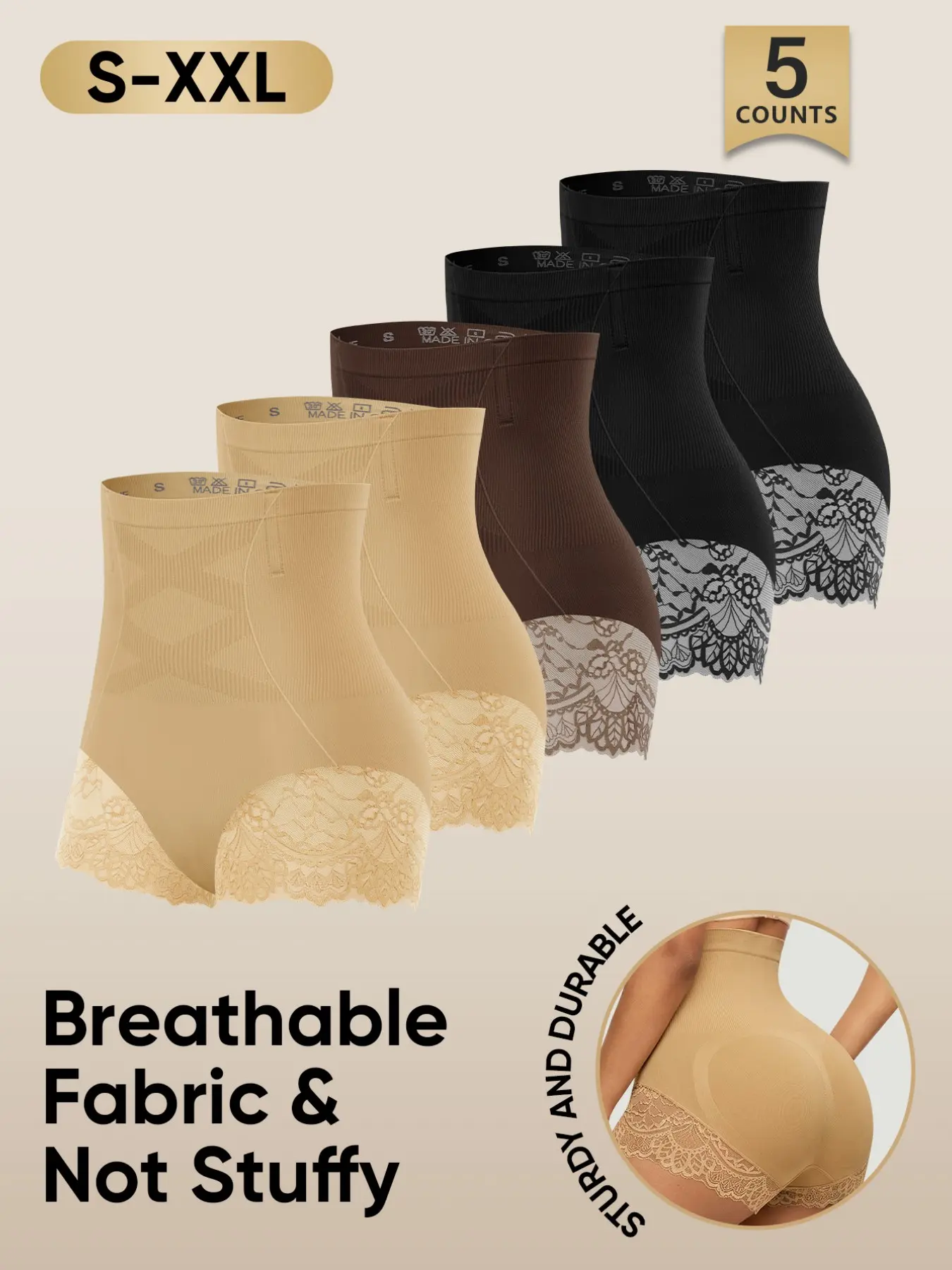 [5-Pack] Women's High-Waisted Shapewear Panties ,S-XXL, Waist Cinching Butt Lifting, Sexy Lace Bodycon Underwear, Breathable Comfortable All Seasons