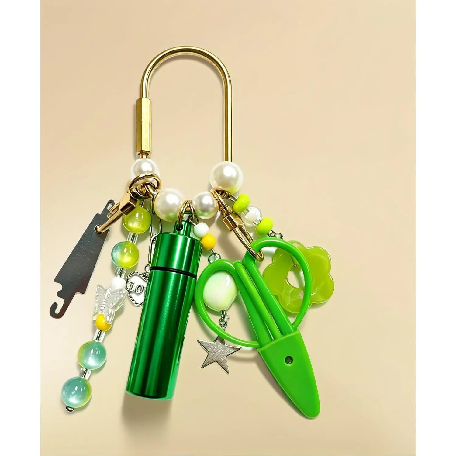 Portable Green Embroidery Tool Kit for Needlepoint Bag Charm DIY |   Mini Scissors, Needle Threader, Needle Tube, Gold Keyring Cross Stitch Sewing Accessories