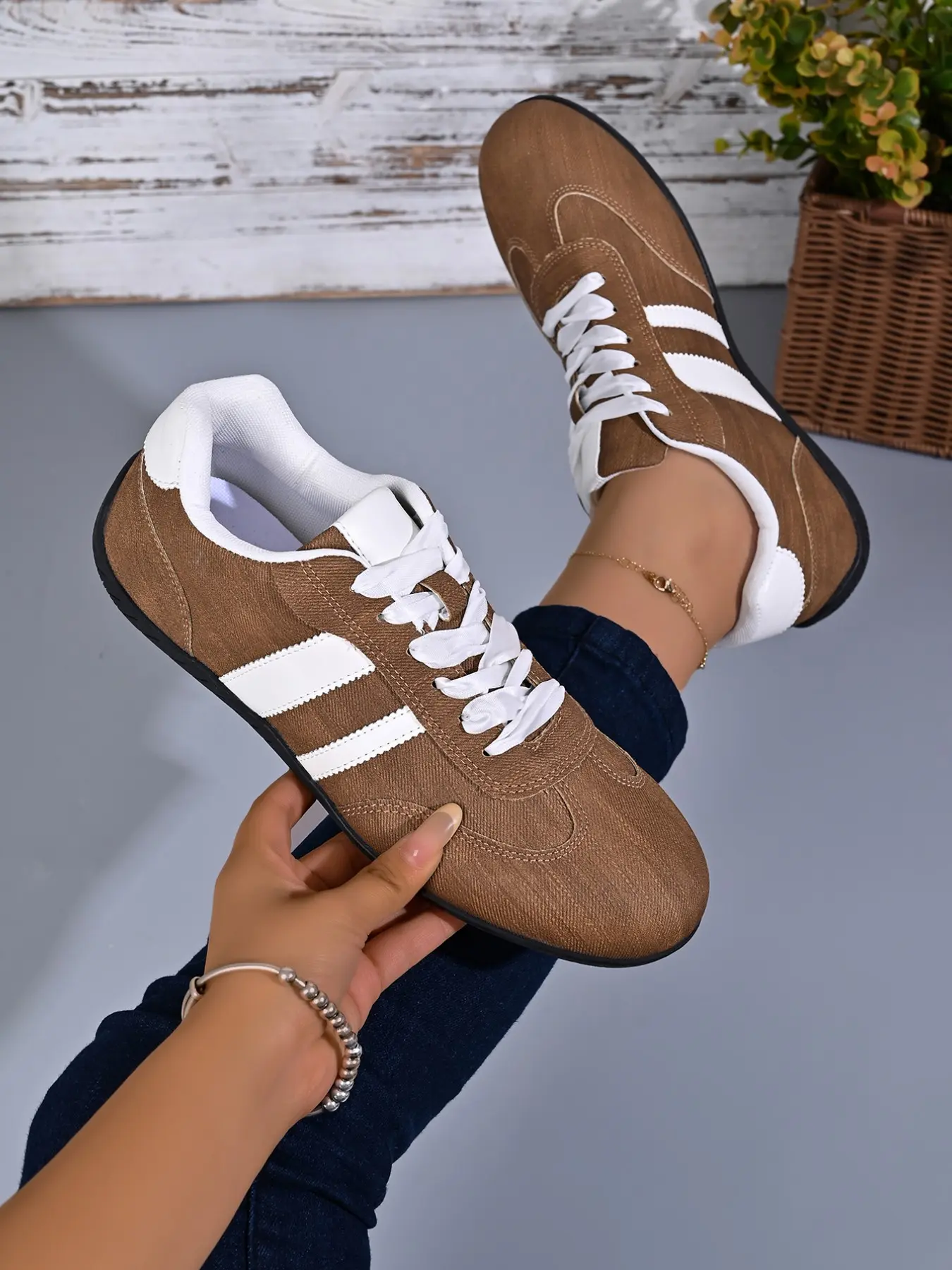 Women Retro Coffee Denim Sneakers, Soft Flat Sole, Lace Up Casual Trainers, Lightweight Daily Walking Shoes