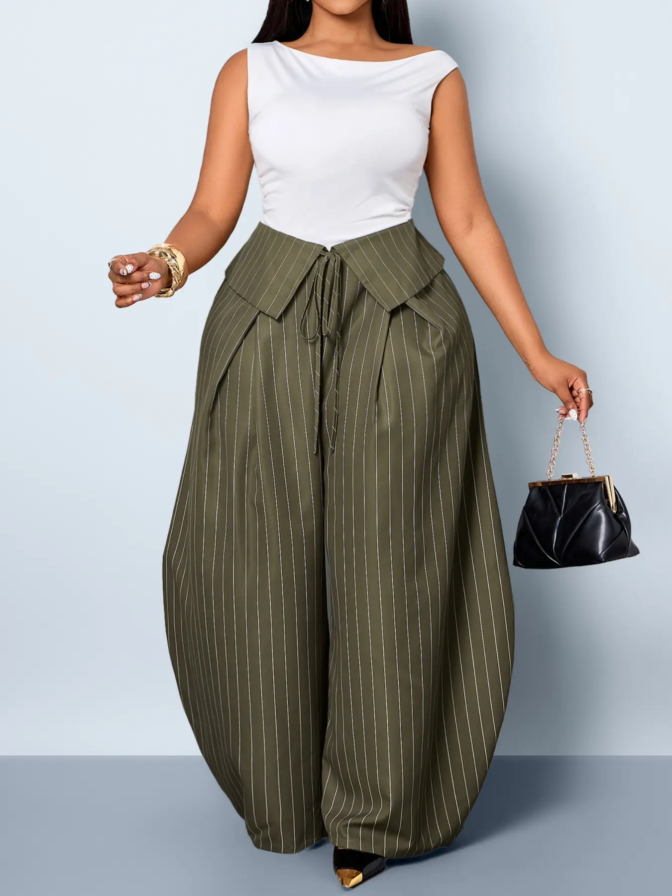 Women's Plus-Size Casual Striped High-Waisted Loose Trousers with Adjustable Drawstring and Double-Layer Detail; Suitable for Daily Commuting and Vacation; All-Season Plus-Size Fashion