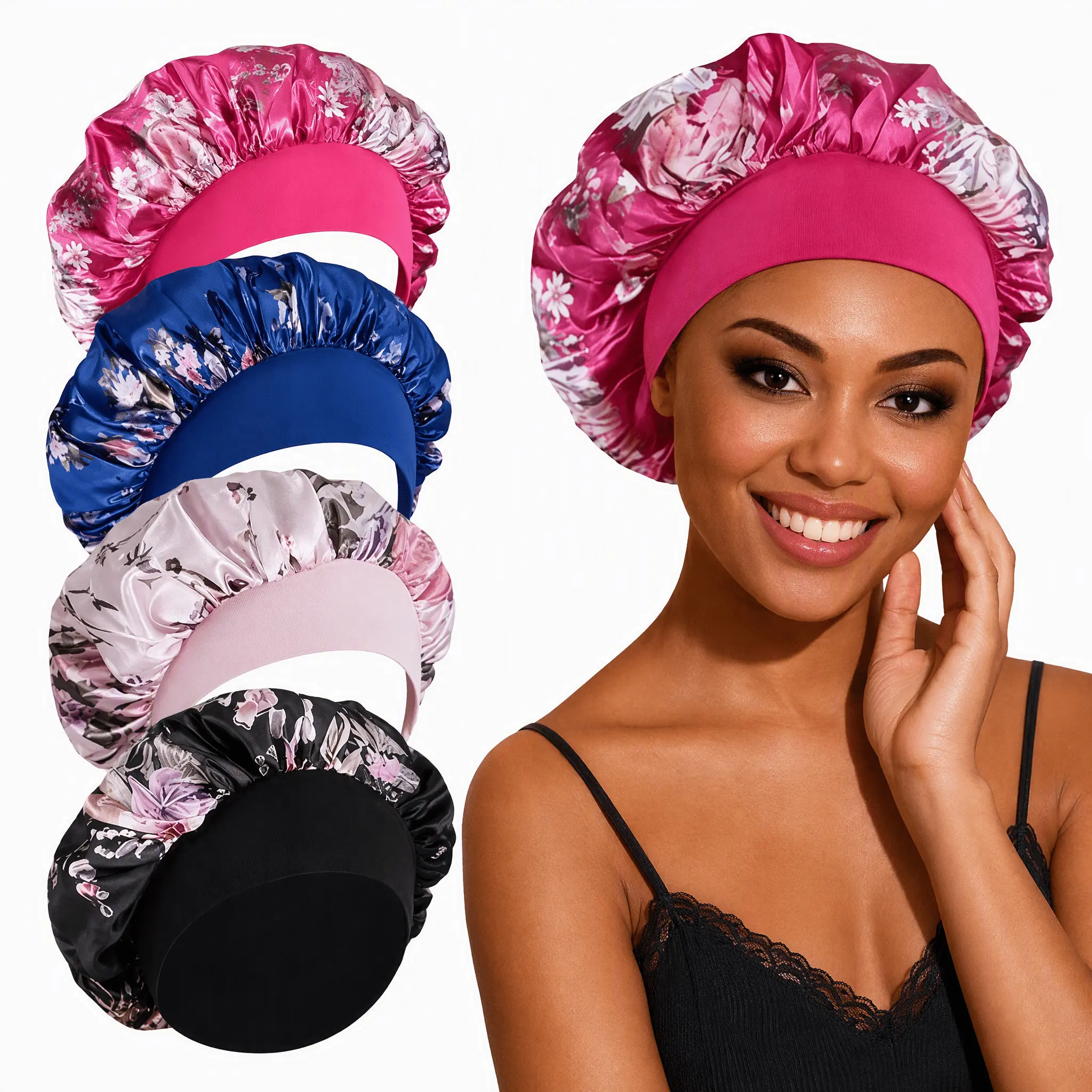 4 Pack 30cm Large Satin Bonnet for Curly Hair, Make Up Shower Curls Caps Bonnets for Black Women, Wide Band Sleep Hair Cap for Locs Braids Hair