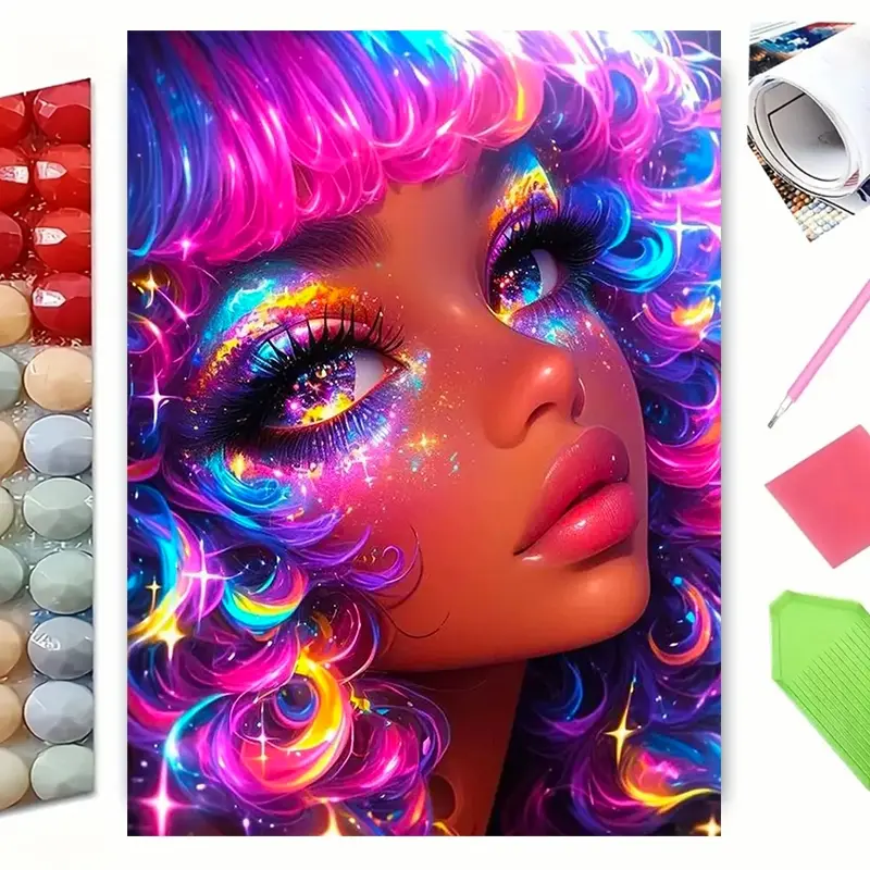 Galaxy Glitter Curly‑Haired Beauty Diamond Painting Kit. Stunning Portrait with Cosmic Starry Eyes, Neon Rainbow Curls and Sparkling Star Accents. Vibrant Fantasy Wall Art, Perfect Home Decor Gift, Beginner DIY Craft with Full Supplies.