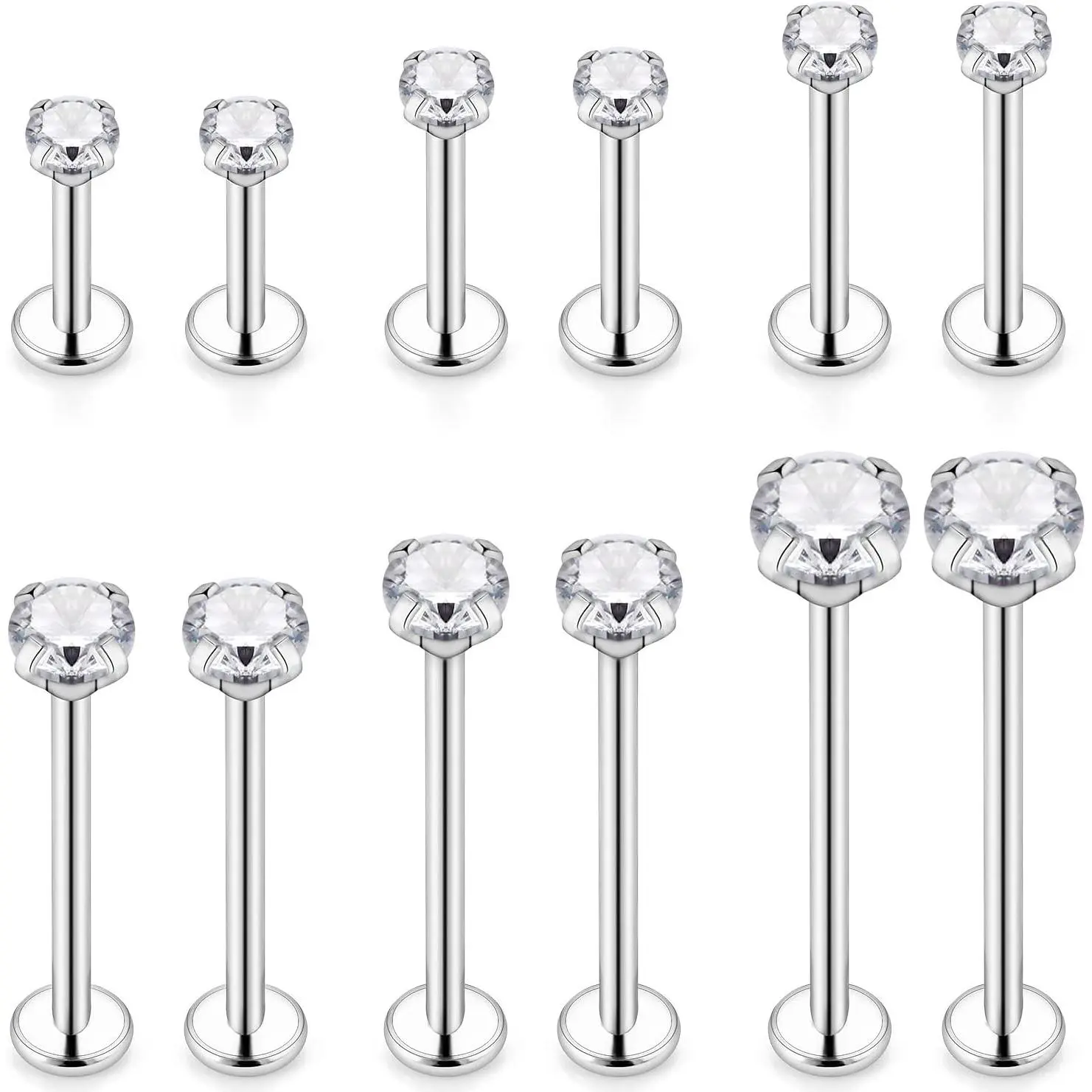 12 count 14G 16G Different Sizes Flat  Stud Stainless Steel Labret Ashley Medusa Monroe Dimple Cheek Lip Rings Studs   for Women Men Bar Length 6mm-19mm