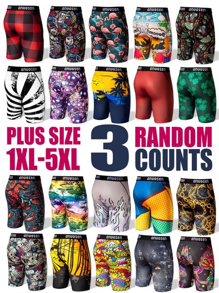 Random Plus Size 3pcs Men's Long Boxer Shorts, Casual Stretch Fit 1xl-5xl, Fun Patterns Including Cartoon, Stripes & Animal