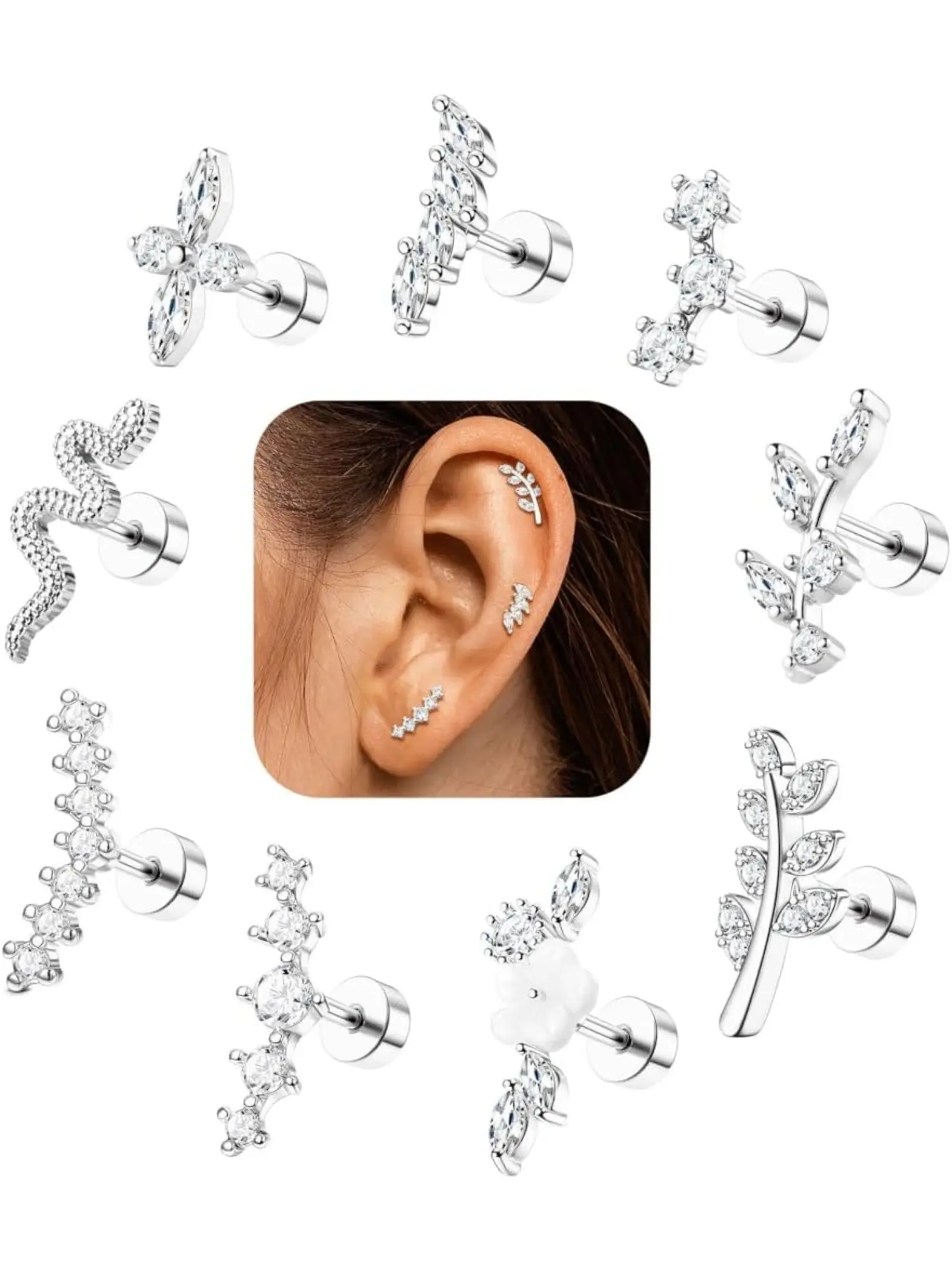 9Pcs Flat Back Cartilage Earrings For Women, Surgical Steel Hypoallergenic CZ Stud, Helix Tragus Daith Conch Piercing Gift, Earrings Set