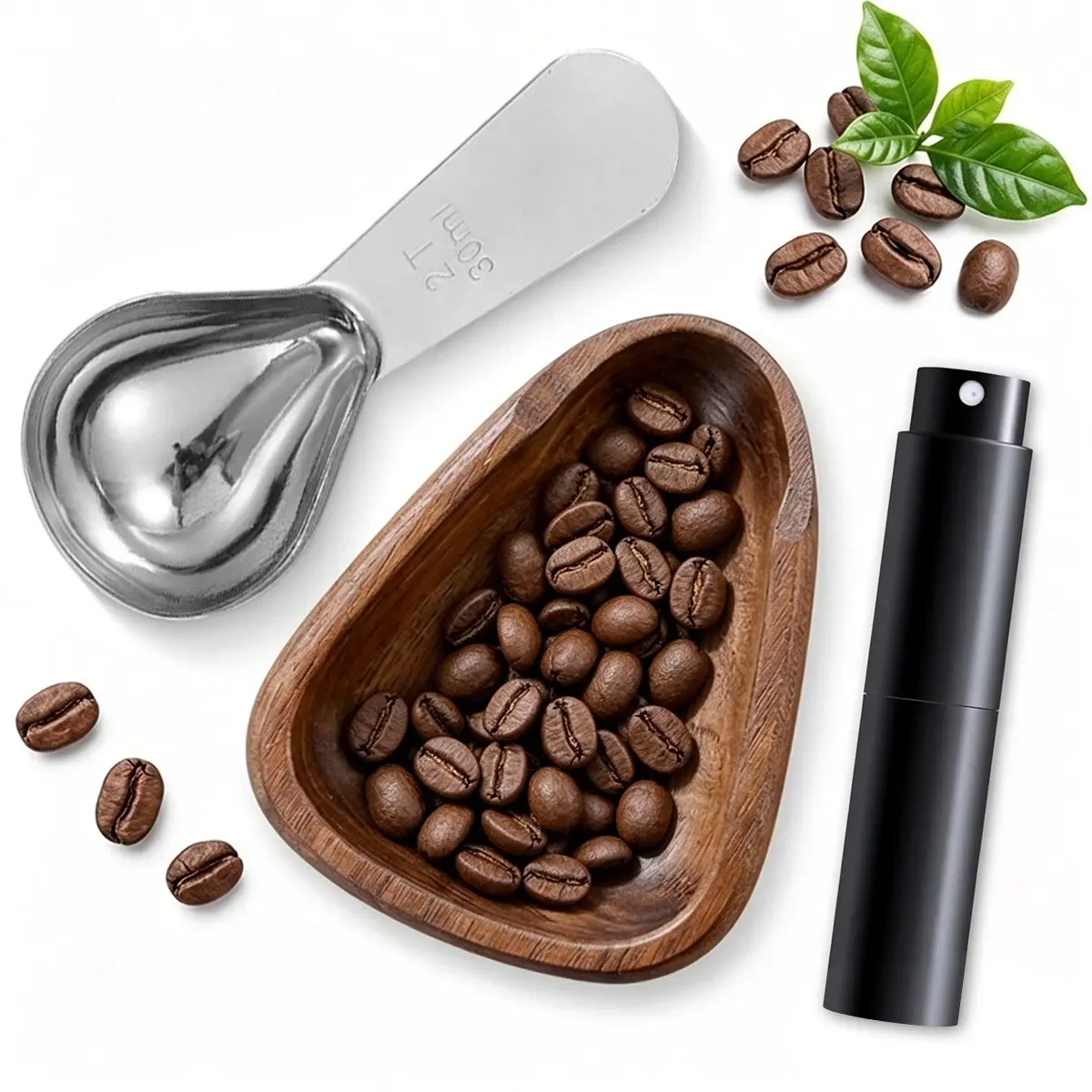 Coffee Bean Dosing Cup & Rdt Spray Bottle & Coffee Spoon Set, Wood Espresso Accessories Kit, Stainless Steel Spoon, Barista Tools