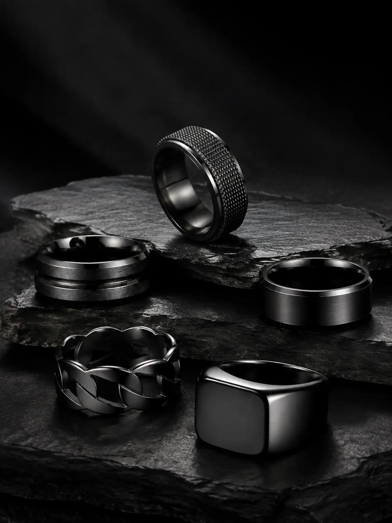 5pcs Men's Stainless Steel Ring Set, Gothic Style Wide Band, Textured Chain Signet Rings, Durable Waterproof Jewelry Gift