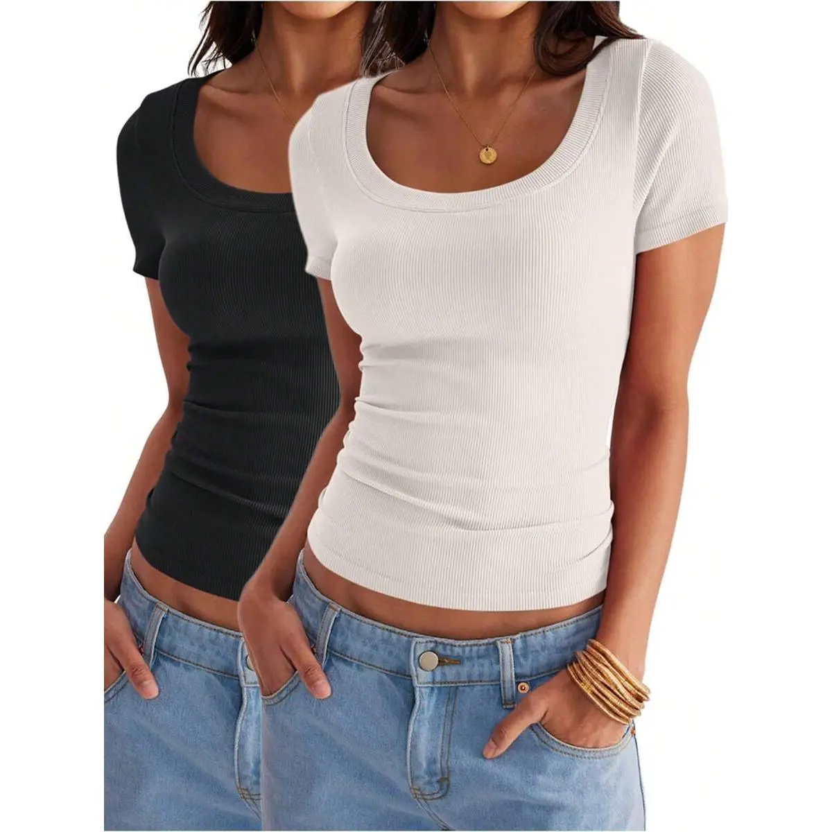 Women's 2-Piece Ribbed Slim-Fitted Scoop Neck Short Sleeve Shirts - Basic Simple Tee, Compression Shape, Moisture-Wicking, Regular Fit, Machine Washable for Club, Yacht Scenarios, Casual Top, Polyamide Knit