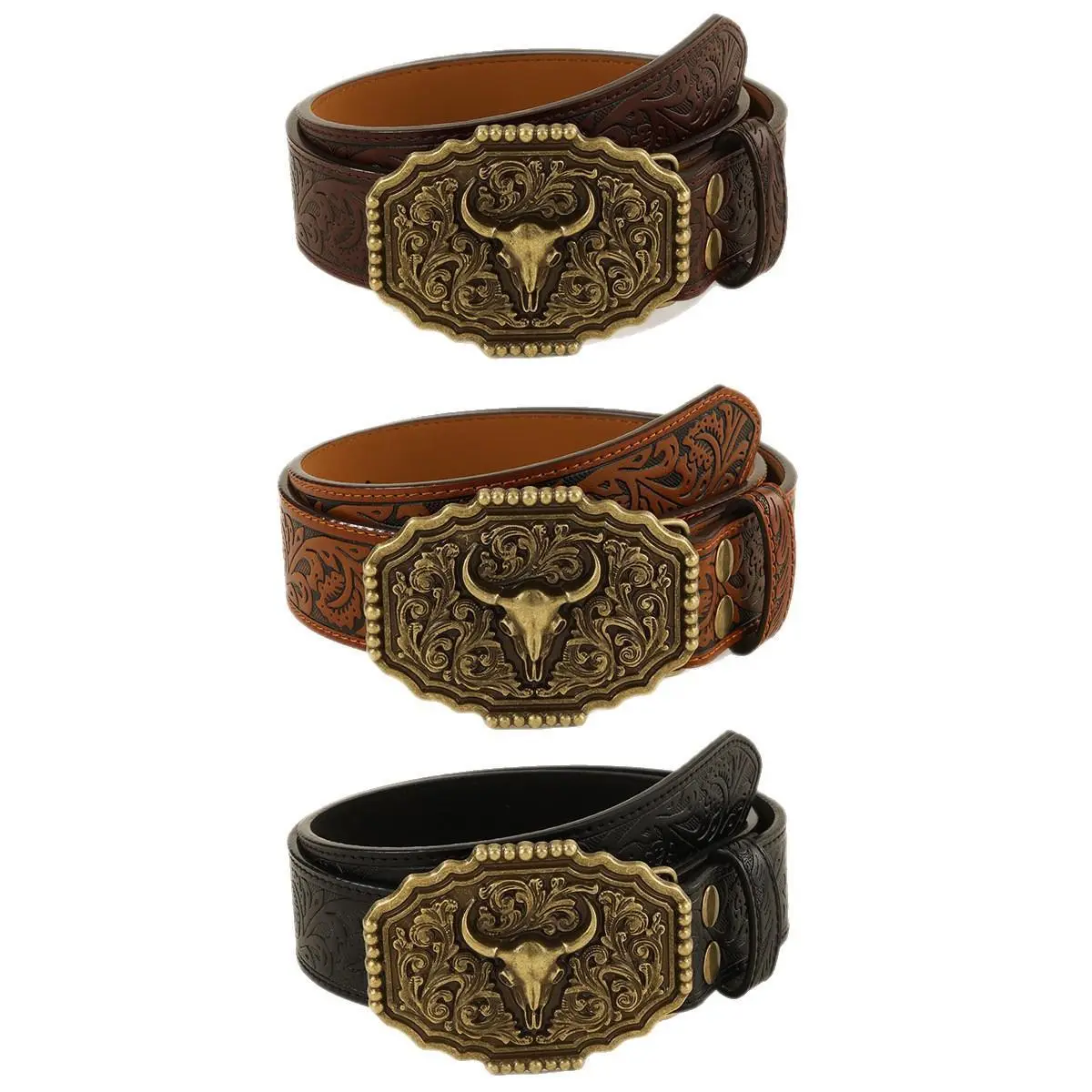 【WeeklyDeals】Dark brown light tan black men’s western cowboy belt with ornate antique bronze longhorn buckle, rugged embossed floral leather, heavy duty durable belt for jeans, cowboy boots, outdoor ranch work and country music events