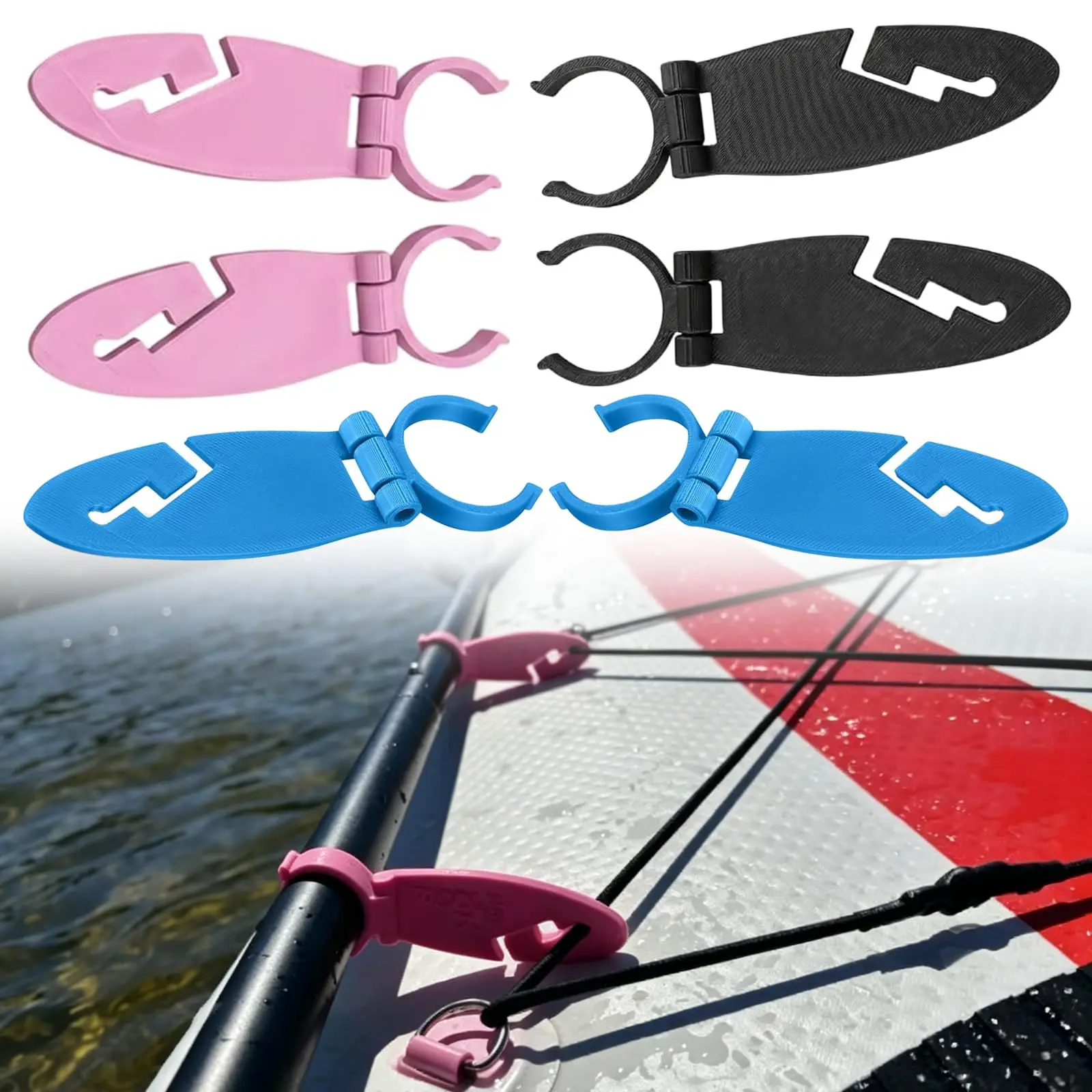 6-piece kayak paddleboard clamp set, surfboard rack, kayak clip holder, paddleboard safety clip, durable water sports gear, universal mounting clamps for kayak and canoe paddleboard accessories, easy to install.