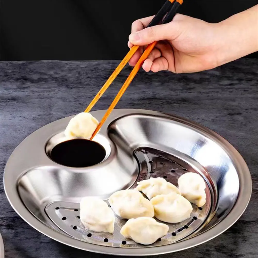 Stainless Steel Dumpling Plate, Household Dinner Plate, Round Tray, Creative Multi-Use Drainage Meal Plate, Fruit Plate, Food Tableware, Serving