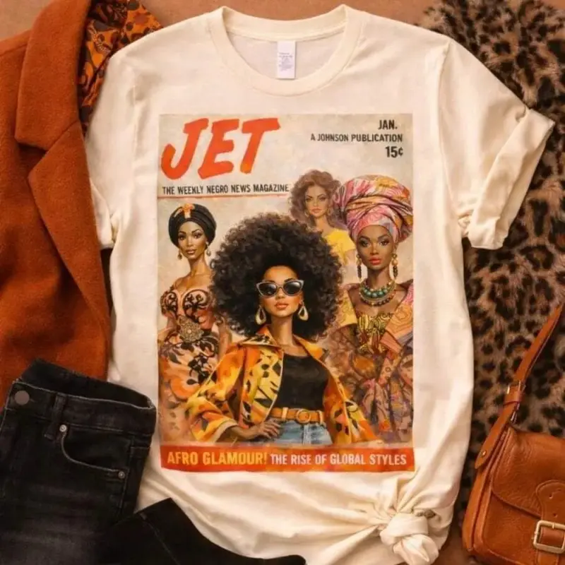 Women's Casual Short-Sleeve Cotton Fabric Fit Afrocentric Vintage Magazine Graphic T-Shirt - Glamour Fall Art Tee Gift