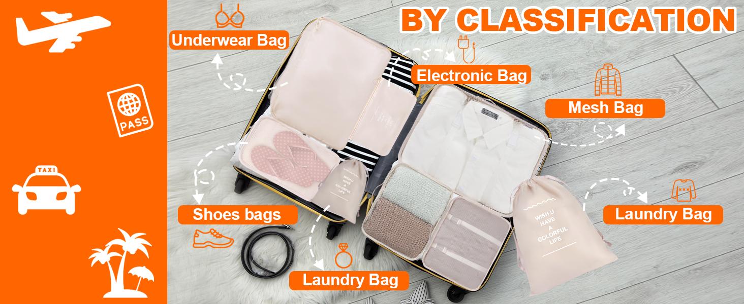 8 Set Packing Cubes for Suitcases, Travel Luggage Packing Organizers with Laundry Bag, Compression Storage Shoe Bag, Clothing Underwear Bag, for Man & Women