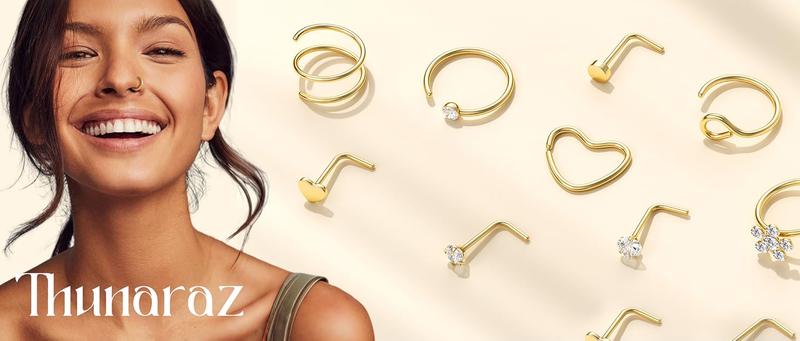 THUNARAZ 18 Pcs 14K Gold Filled Hoop L Shape Nose Rings for Women Men Hypoallergenic Stainless Steel Nose Studs Cute Heart Square CZ Nose Bone Screw Nostril 18g 20g Piercing Jewelry for Daily Outings Christmas Gift