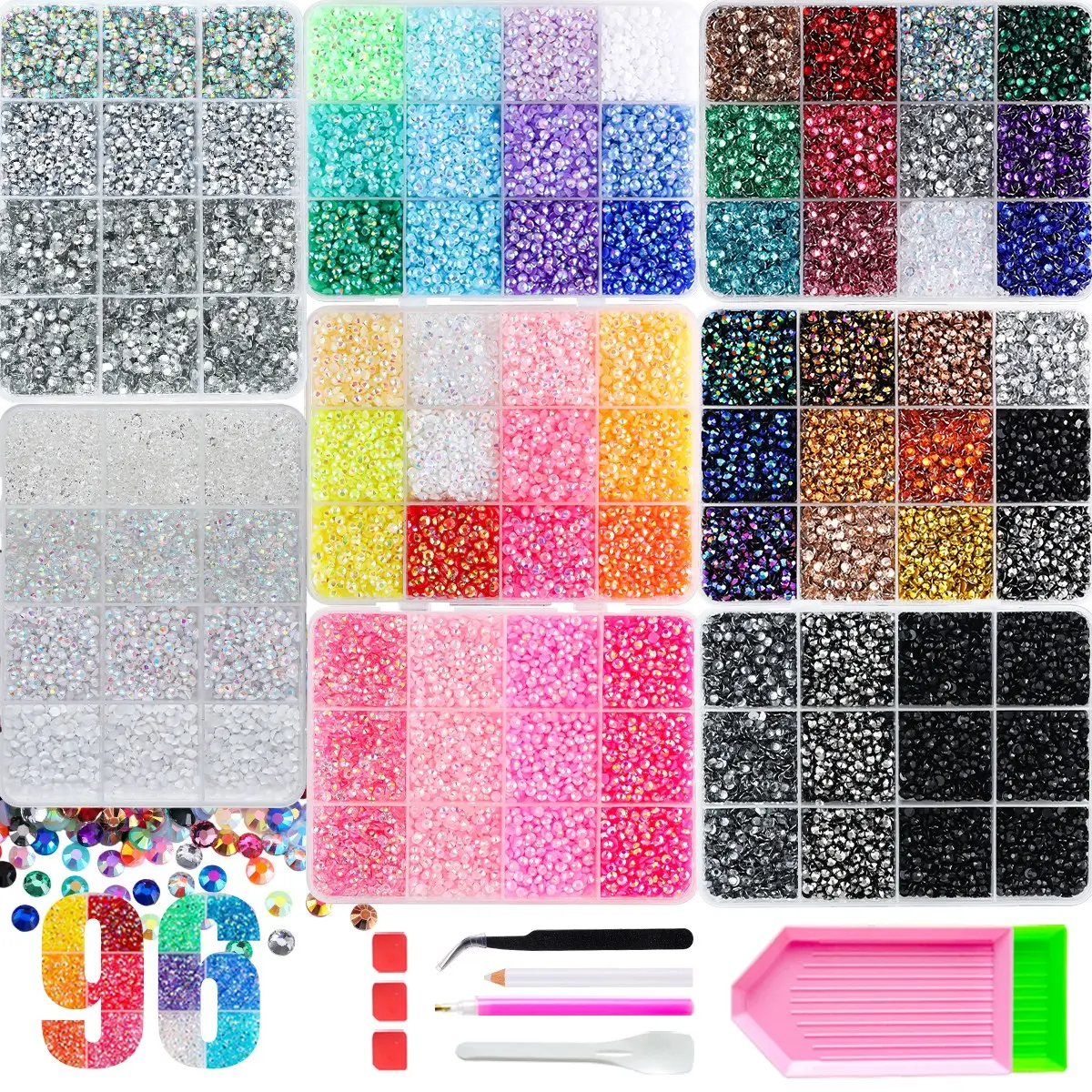 1Set Trendy Hot Selling 3mm Shinny Nail Bedazzling Rhinestones Kit,96 Colors 68000PCS Semi-circular Flatback Resin Nail Gems with Tools DIY Jewelry Clothing Nails Materials