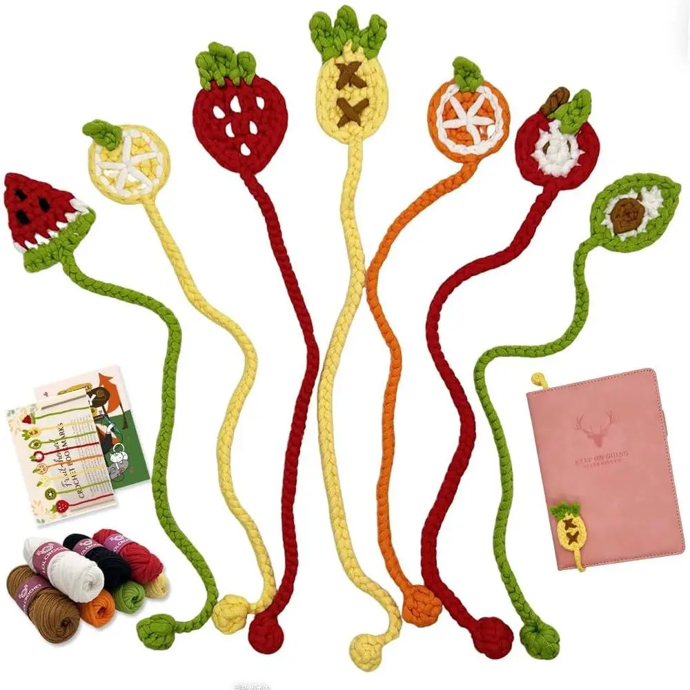 Crochet Kit for Beginners, Bookmarks Crochet Starter Set, Learn to Crochet with Step-bt-Step Video Tutorial, Easy Yarn Knitting Kit for Adults, DIY Craft  for Book Lovers (8pcs Fruit-Themed)