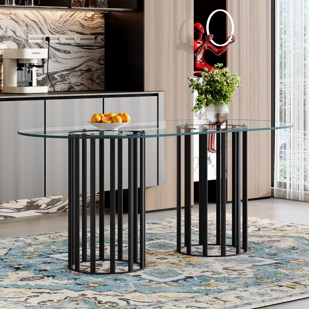 71 inch oval tempered glass dining table,black double column light luxury style,tempered glass scratch resistant and easy to clean.Suitable for 6-8 people dining, modern light luxury restaurant table.