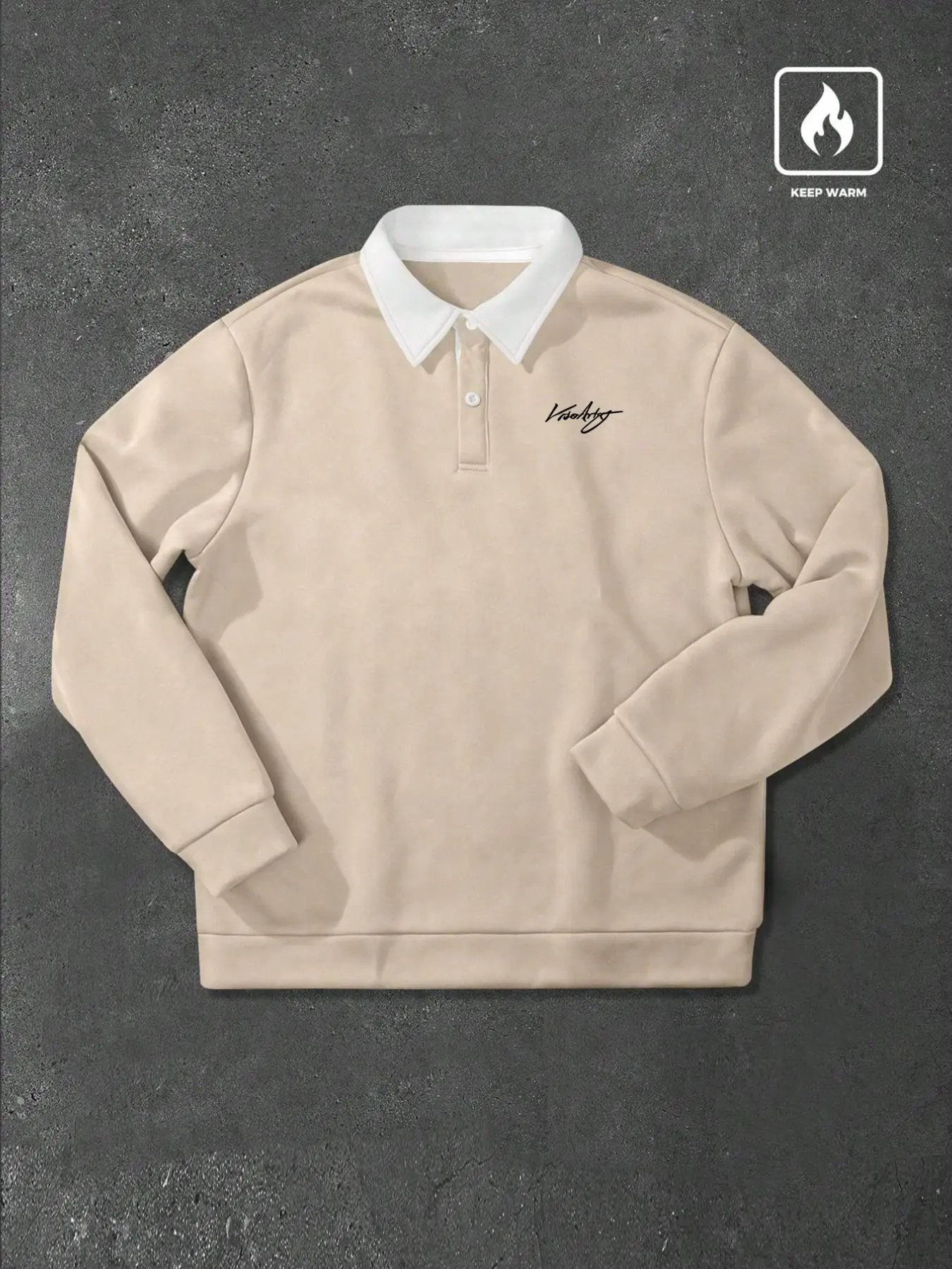 Color-block collar Polo sweatshirt, long-sleeve pullover featuring handwritten-style letter prints; a casual top.