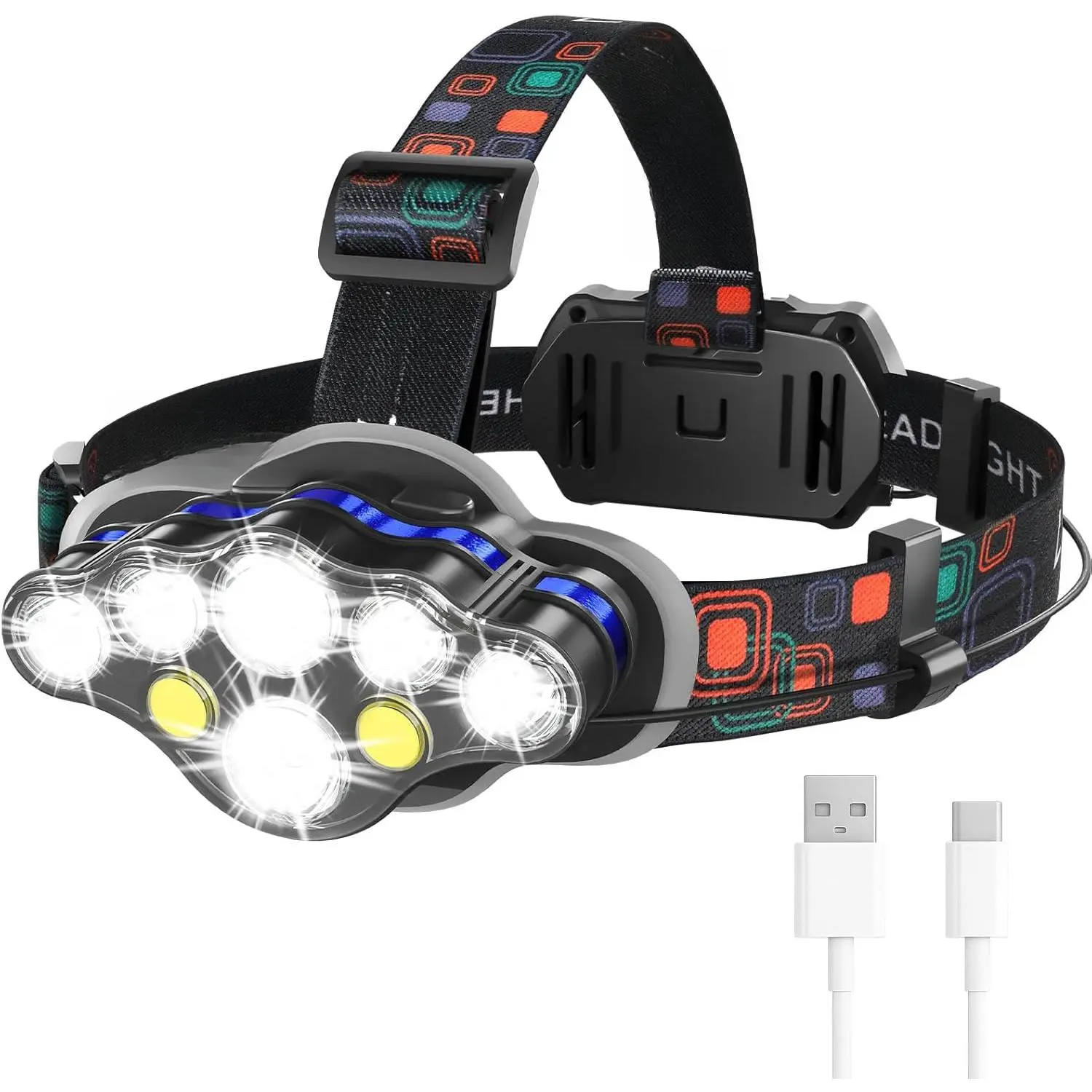 Headlamp Rechargeable, 8 LED Super Bright Head Lamp with White Red Light, IPX4 Waterproof Head Lights  Forehead, 8 Modes Headlight Flashlight  Outdoor Hiking Running Fishing Camping