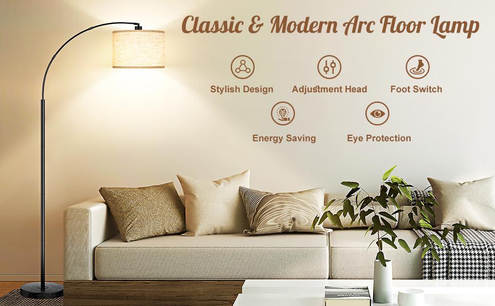 79'' Arc Floor Lamps for Living Room, Modern Standing Lamp with Adjustable Hanging Drum Shade, Black Tall Pole Lamp with Weighted Base & Edison E26 Socket, Corner Light for Reading Bedroom Office