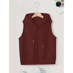 Plus Size - Women'S Hooded Zip-Up Pocket Jacket, Casual Sleeveless Sweatshirt