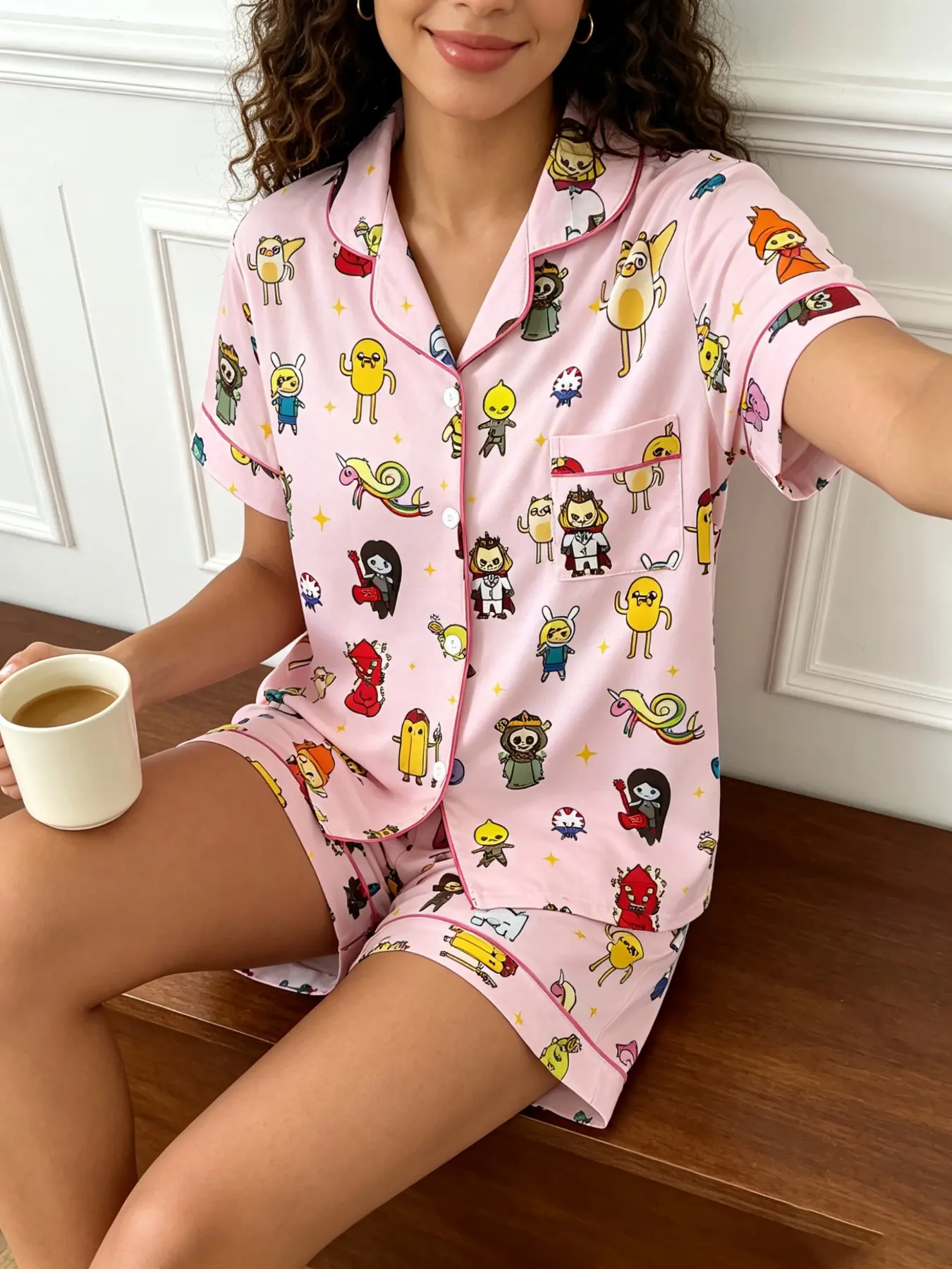 Adorable Cartoon Print Women's Pajama Set, Fitted Short Sleeve Top & Shorts, Lightweight Breathable Sleepwear Loungewear, Base, Fun Halloween Design