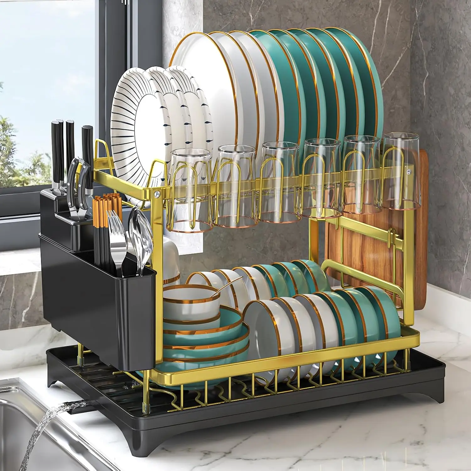 Dish Drying Rack , Multifunctional Dish Racks for Kitchen Counter with Drainboard 2 Tier Dish Drainer Large Capacity for Knifes/Cup/ Board