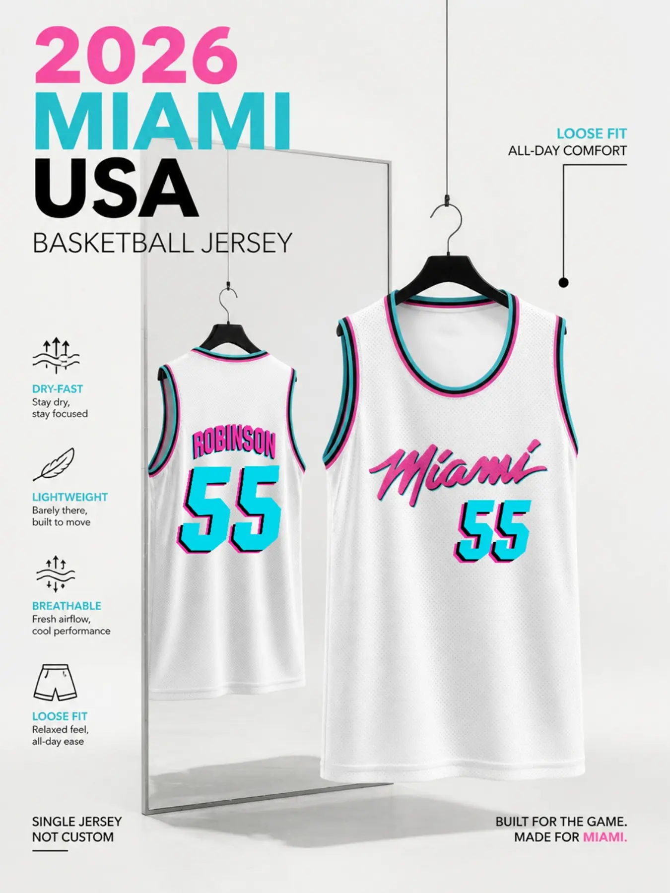 Miami Men's Script Sleeveless Basketball Jersey, Mesh Vest with and Trim, Loose Quick-Dry Sport Top, Streetwear for Daily Use