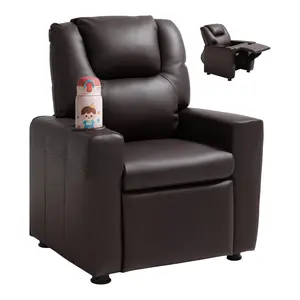 【DealsForYouDays】VEVOR Toddler Soft Armchair, Kids Reclining Armrest Chair with Cup Holders, 101-121 Adjustable Backrest, Easy-Clean PU Leather Couch with Footrest, 90 lbs Load Capacity (Brown)