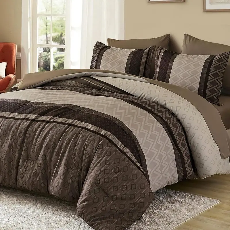 7-Piece Queen Size Brown Boho Striped Polyester Comforter Set - Bed in a Bag with Sheets & Pillowcases, Geometric All-Seasons Bedding Set for Farmhouse Home Decor Items