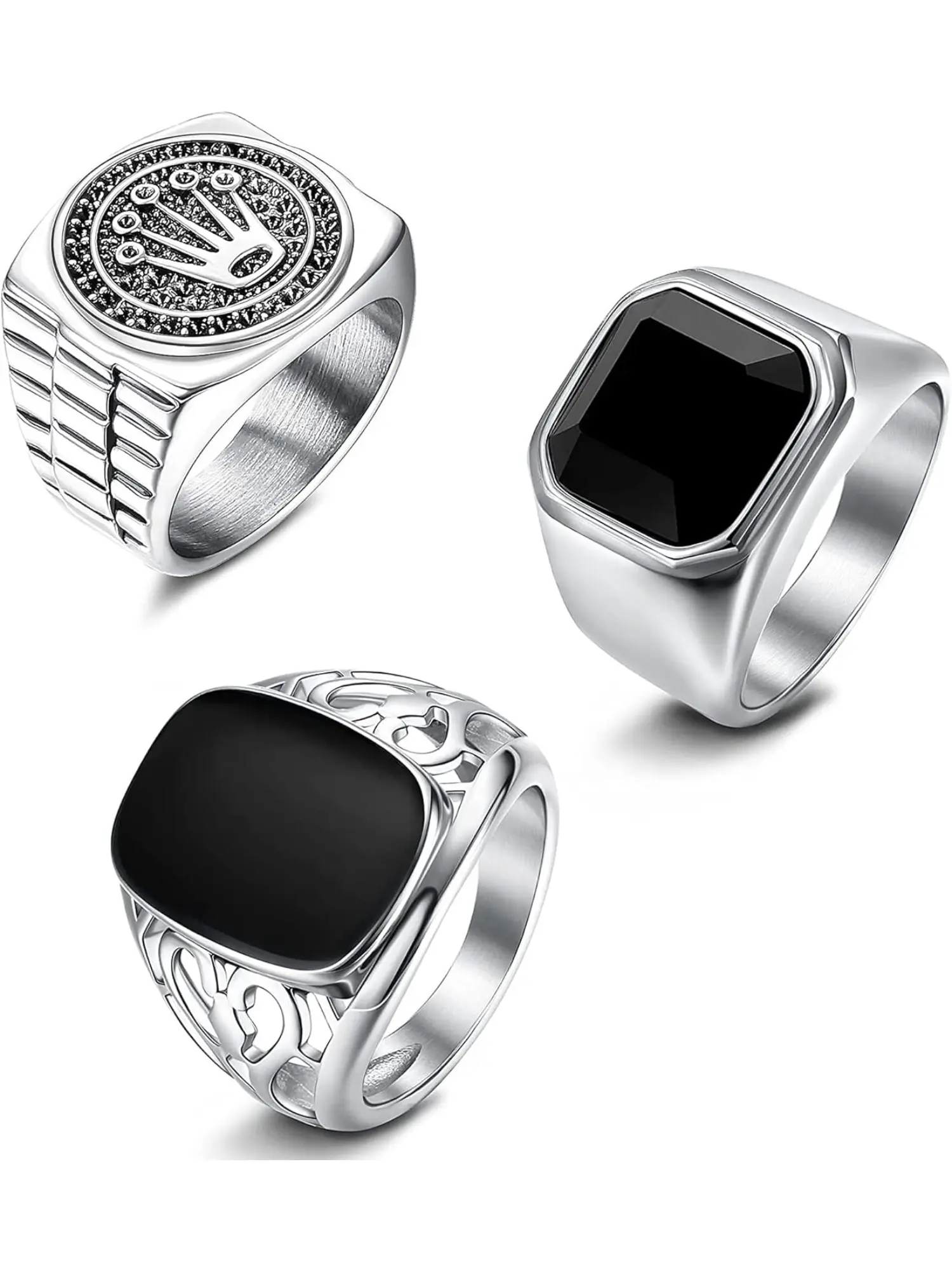 3 Pieces Men's Signet Ring Stainless Steel Vintage Punk Biker Ring Set Gothic Crown Rings Jewelry for Men and Women Size 14-30