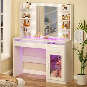 Vanity Desk with Mirror and Lights Makeup Vanity Desk with Lights Transparent Top Vanity with 2 RGB Drawers 6 Shelves Large Tempered Cabinet Power Outlet for Bedroom White