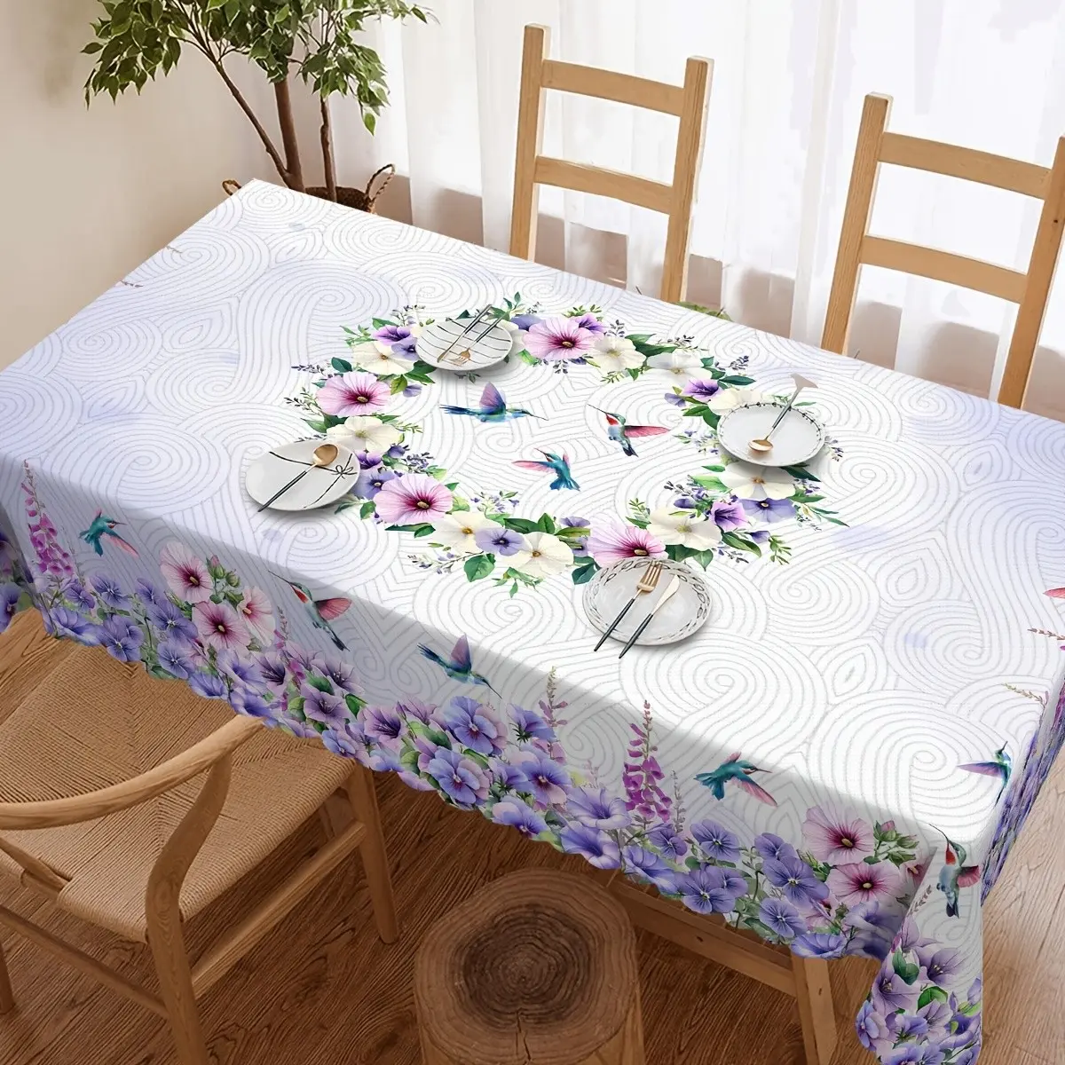 French-style gentle watercolor purple hummingbird flower wreath pattern printed straight-edge tablecloth, waterproof and stain-resistant reusable square tablecloth, suitable for decoration in living rooms, dining rooms and hotels