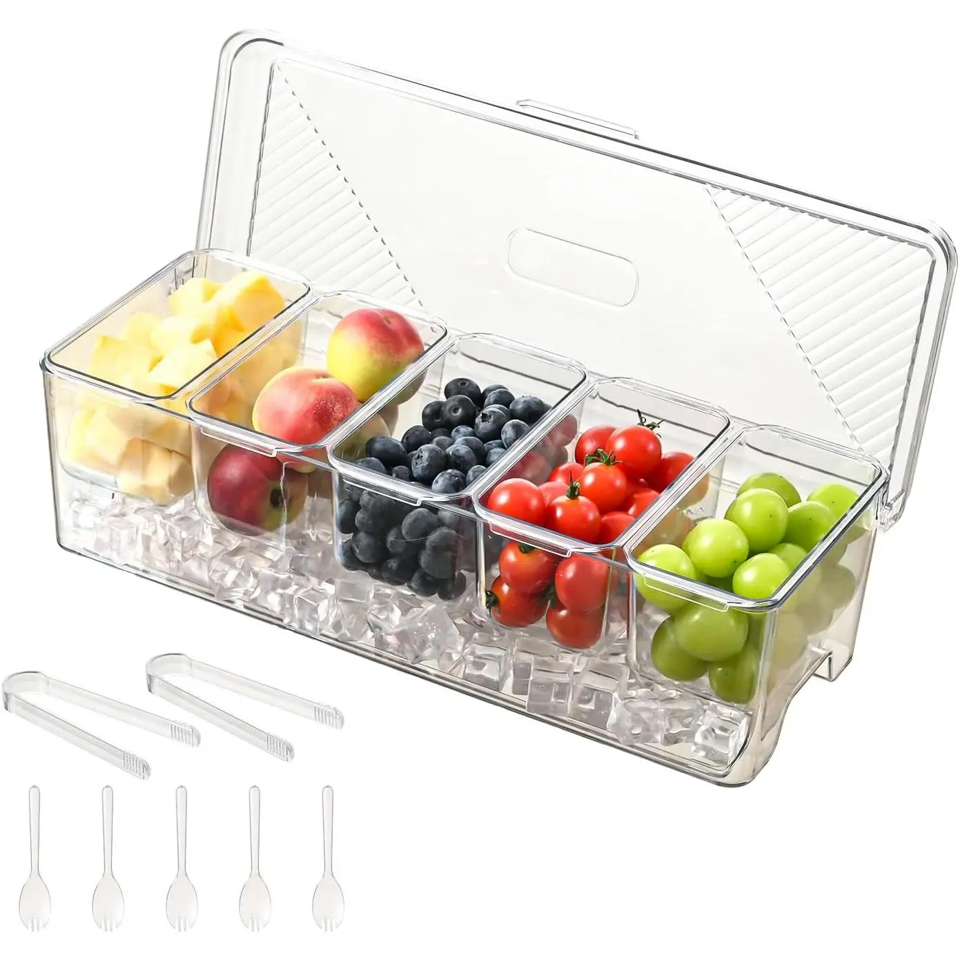 Stackable Large Chilled Condiment Caddy with Lids, 5 Removable Compartments Condiment Containers Server, 1 Pack