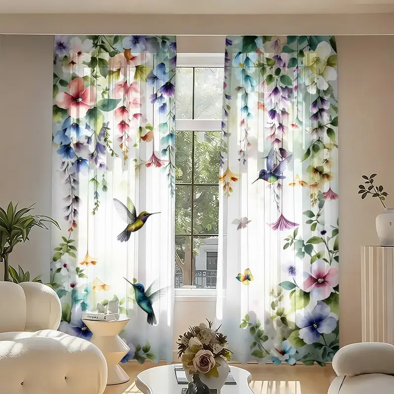2 pieces of high-definition digital watercolor drapery, Window Drapes, featuring hummingbird and floral prints, resistant to fading, washable by hand or machine, suitable for bedroom and living room decoration